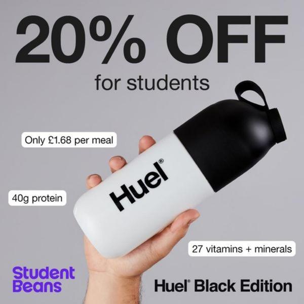 A high-contrast 1:1 square advertisement showing a hand holding a branded meal replacement bottle with clear value proposition text overlays.